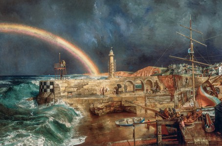 None of Richard’s holiday paintings survive but this ‘Coast Scene with Rainbow’ of 1953, surely harks back to his excitement at the first sight of Whitby that day