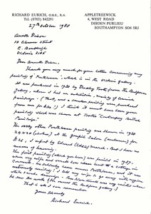 Letter written by Richard in 1988 to the National Gallery of Victoria in Australia about his two Porthleven paintings.