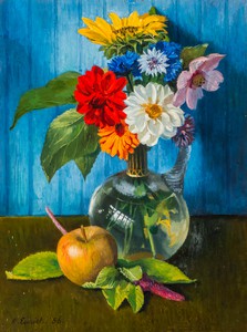"Flower Piece Reflecting Studio Window" aka "Flowerpiece with Apple and Love Lies Bleeding" (1956) painted verso