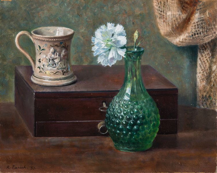 Pink in green glass bottle with Paint Box (1957)