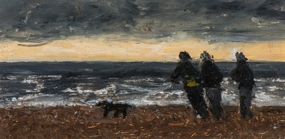 Silhouetted Figures on Beach with Dog