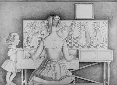 'The Girls at the Spinet' looks as if it might be a reworking of this drawing done a year earlier and shown in the his first solo show at the Goupil Gallery in 1929. 'The Spinet' (1929)