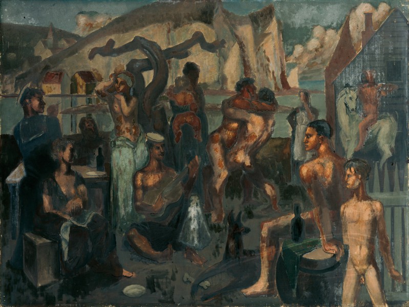 Sailors and Other Figures Carousing by a Quay (1925)