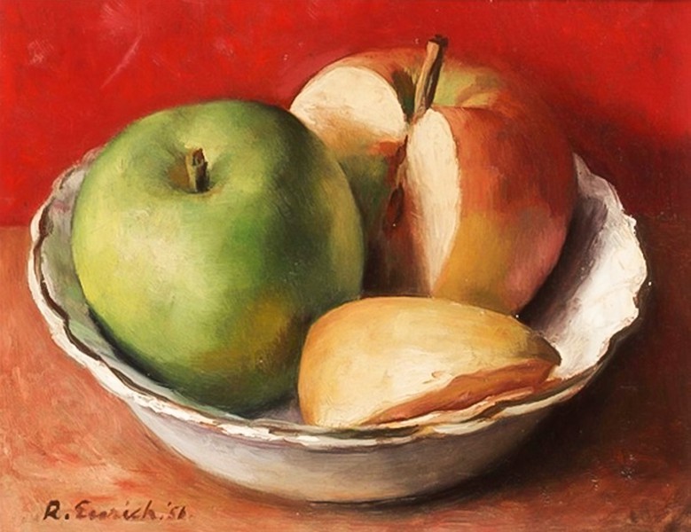 A Still Life of Apples in a White Ceramic Dish (1956)