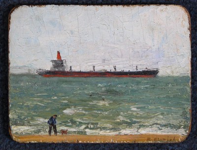 Freighter at Sea with Dog Walker on the Beach