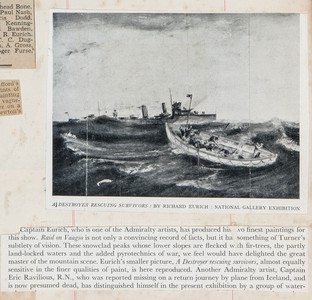News cutting from "The Connoisseur" magazine, December 1942, with a review of "A Destroyer Rescuing Survivors" and "Raid on Vaagso".