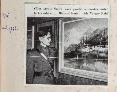 News cutting from Vogue magazine,  March 1943, of RE in uniform with his "Vaagso Raid" painting.