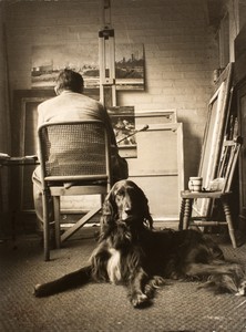Richard painting Caithness, watched by the family dog Star.
