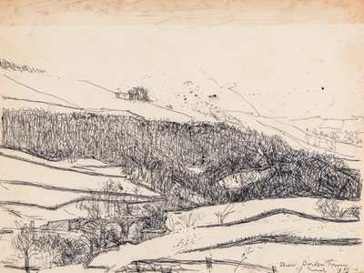 Richard's sketch for this painting, inscribed "Snow, Barden Tower  18 March 1969"