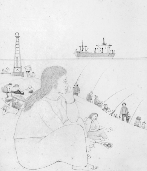 Woman, Fishermen and Tanker (c1976)