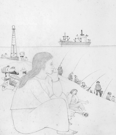 Woman, Fishermen and Tanker