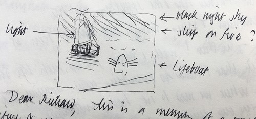 Letter to Richard from Bernard Dunstan RA c1984: "Dear Richard, This is a memory of a small picture of yours I saw at a friend's house last night. A shipwreck at night, about 14" x 12" with a lifeboat approaching a fiery ship . . .