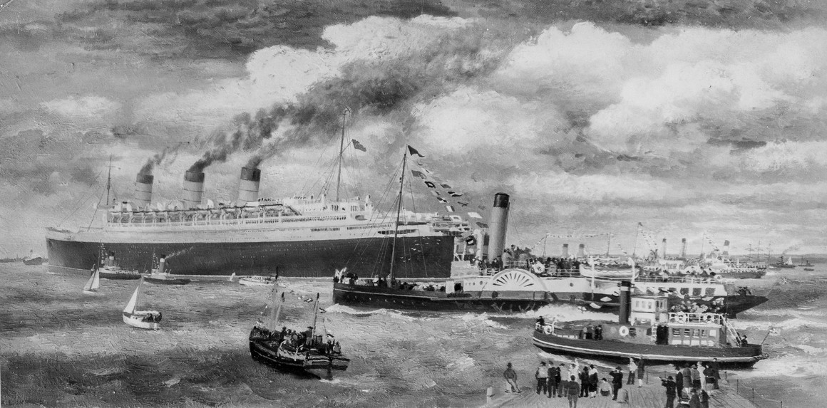 R.M.S. Queen Mary, First Arrival at Southampton (1936)
