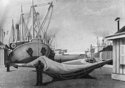 The starting point for The Hammock was this picture by Edward Wadsworth, "Le Havre, France", painted in 1939, now in the collection of the Laing Art Gallery, Newcastle.