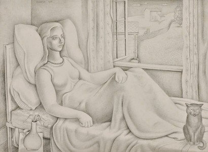 A young girl reclining on heaped pillows similar to his later portrait of the sick Mrs. Green