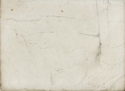 It is hard to make out that this is a sketch for 'Hanging Stone'. The waterfall on the right helps orient the eye. The written notes 'bright green' and  'green'' refer to the lower part of the painting .