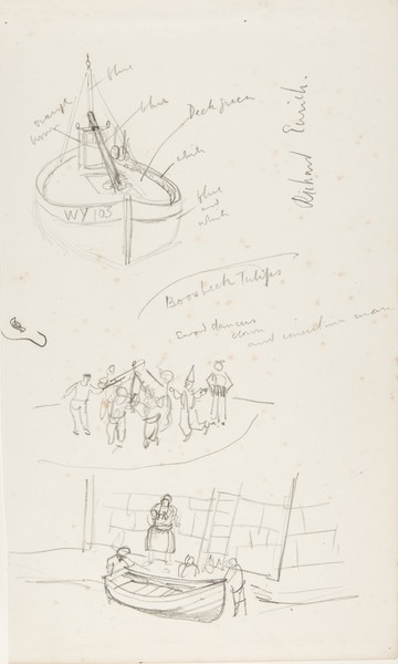 Sketch_20-022 Whitby Boats, Boosbeck Tulips sword dancers, clown and concertina man (c1933)