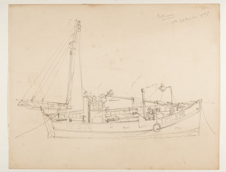 Sketch_20-058 PZ576 fishing trawler, Porthleven, Cornwall (13th Sep 1937)