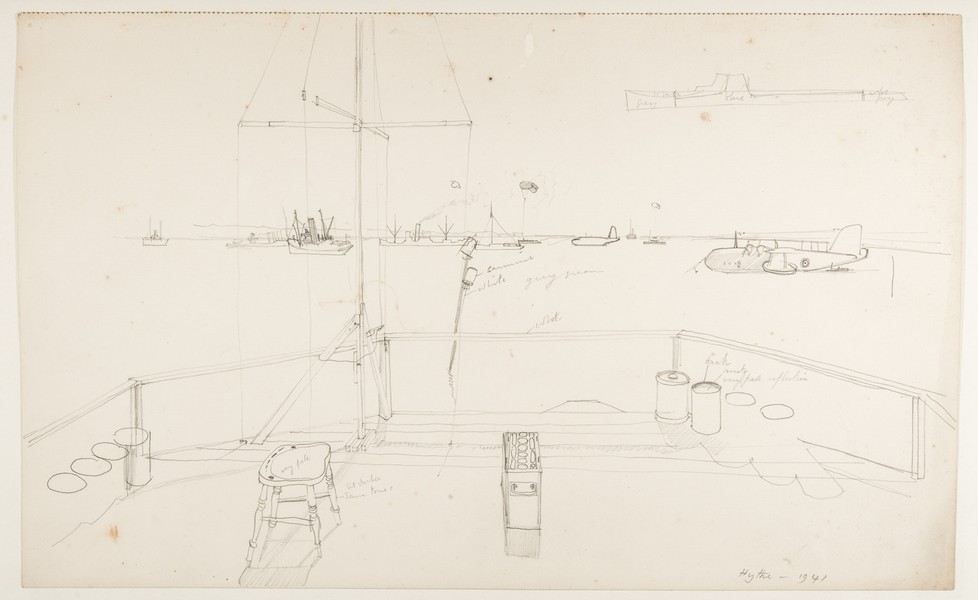 Sketch_20-060  flying boats, ship's deck, Hythe (1942)