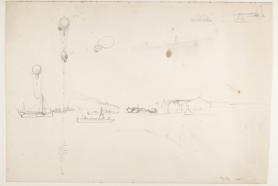 Sketch_20-062 barrage balloons, Dazzle boat, Hythe (1941)