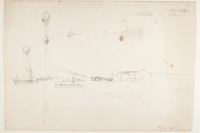 Sketch_20-062 barrage balloons, Dazzle boat, Hythe