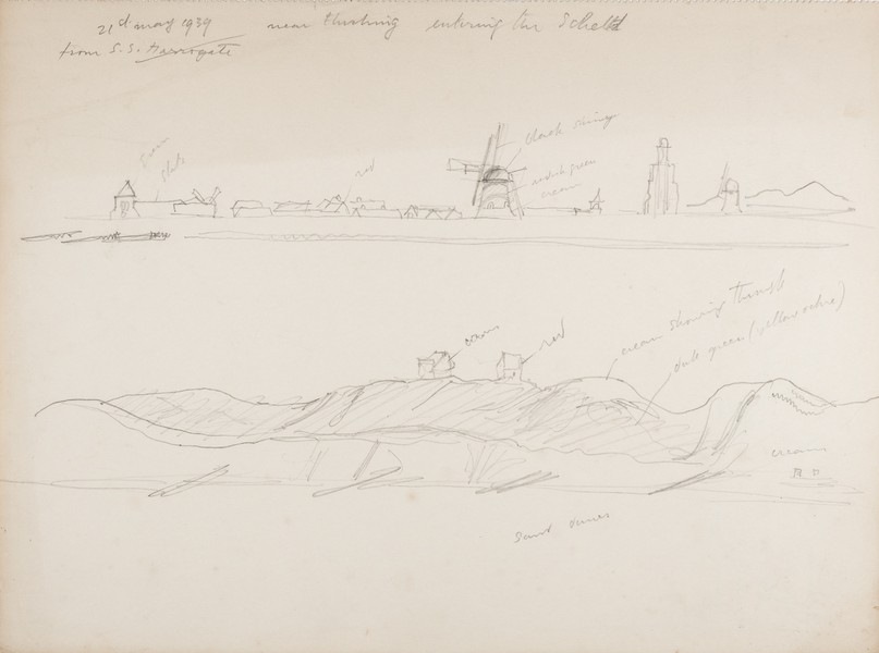 Sketch_20-064  entering the Scheldt near Flushing seen from S.S.Harrogate (21st May 1939)