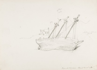 This sketch shows that Richard actually viewed the wreck, but it is not the starting point for the painting as we once surmised. Instead he copied the postcard shown left, a technique spotted by a sharp-eyed catalogue user who came across the postcard.