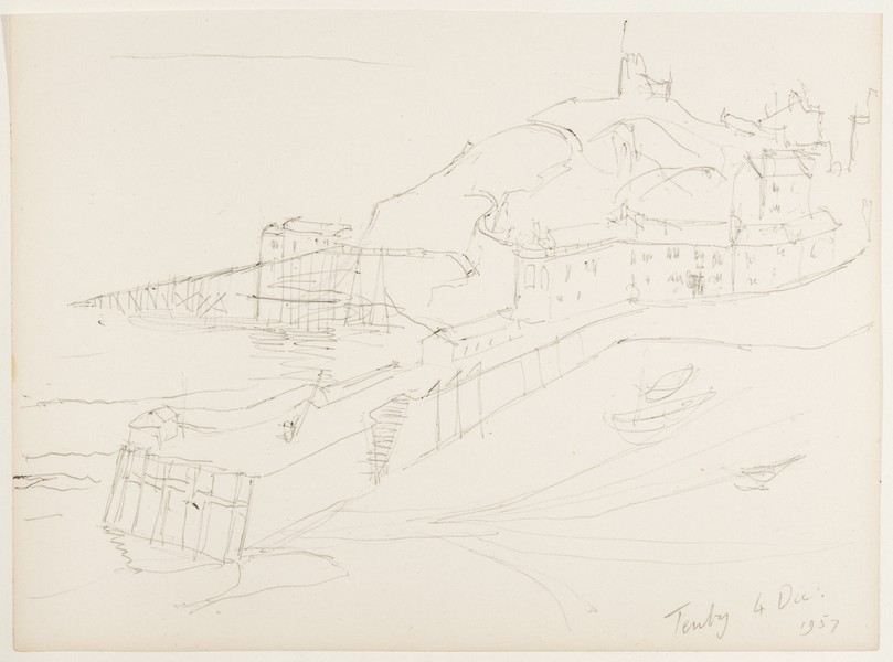 Sketch_20-109 Tenby pier, lifeboat, castle (4th Dec 1957)