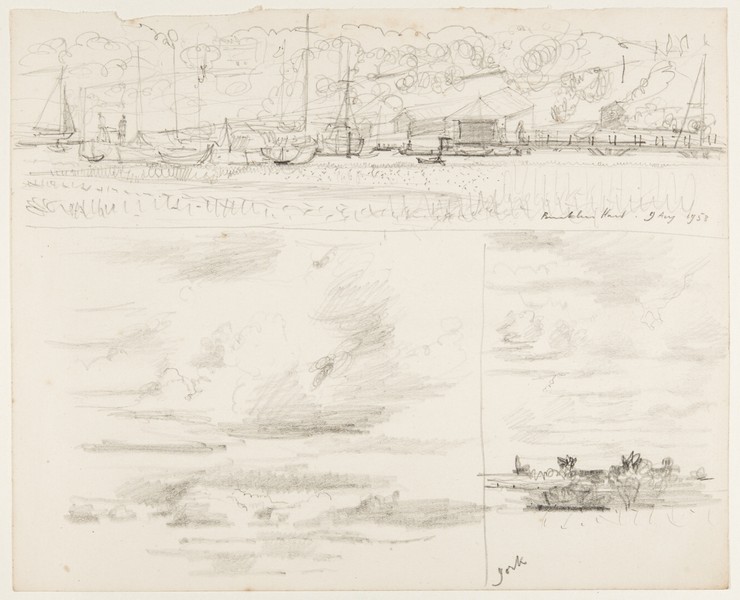 Sketch_20-122 boats Buckler's Hard 1953-08-09 and the sky, York c1953 (1953)