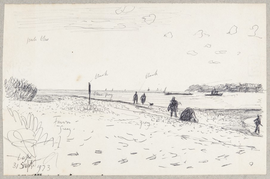Sketch_18-39 Lepe shore with figures (31 [sic] Sep 1973)