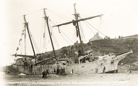 French Schooner MADELEINE TRISTAN, High and Dry, Chesil Cove, Portland. Postcard published by the Real Photographs Co, Liverpool, used as the 'sketch' for this work.