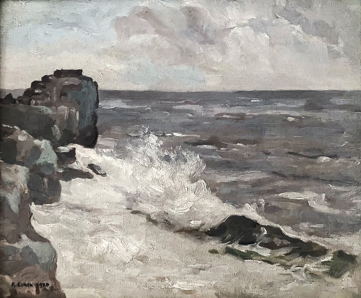 Coastal Scene of Rocks and Stormy Sea (1920)